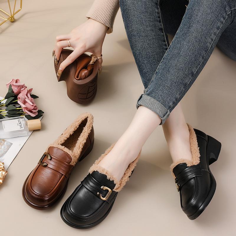 Soft leather winter fluffy shoes medium heel loafer shoes fleece leather shoes soft leather thick heel single shoes women's high heel thick sole