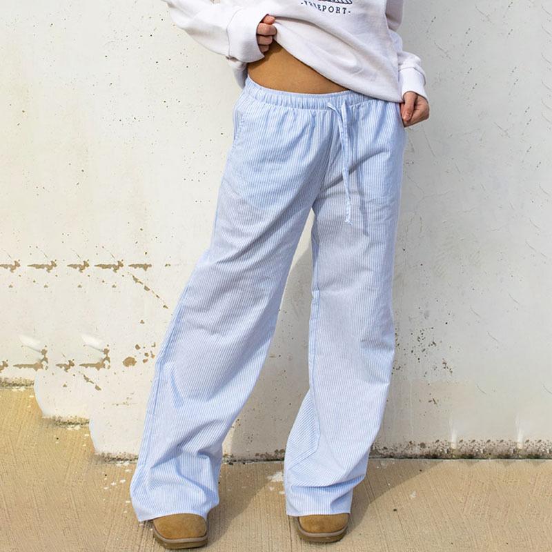 

2024 Women s Striped Wide-Leg Drawstring Pants - Korean Style, Elastic Waist, Casual Spring & Summer Wear Small светло-синий