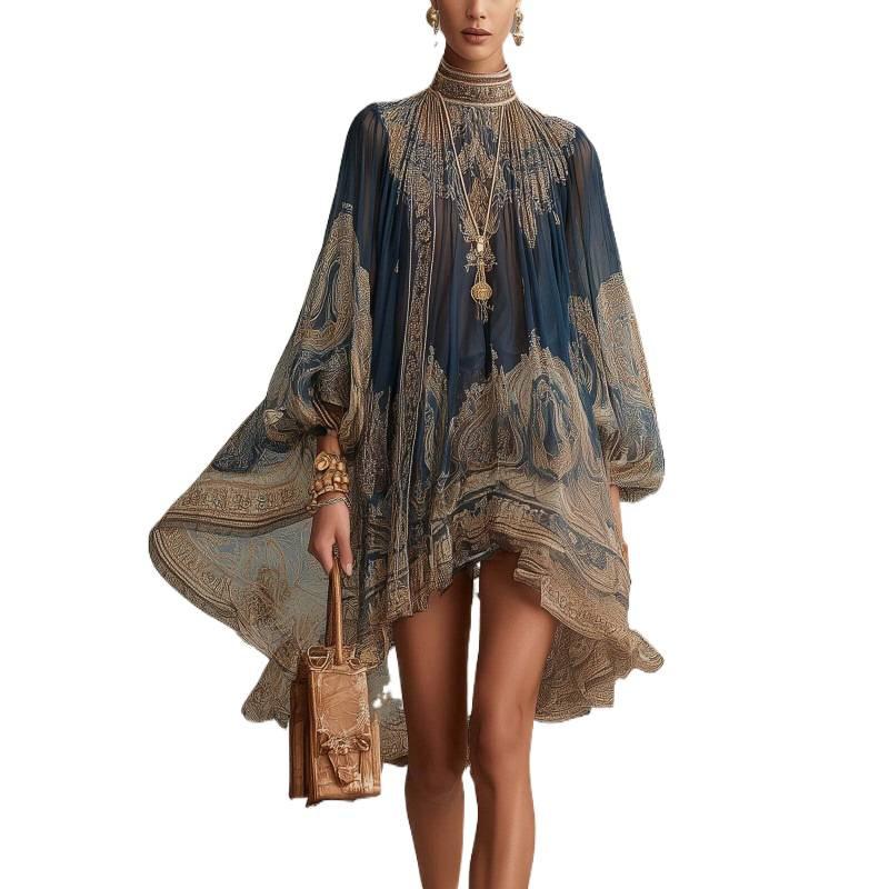 New European and American Style Turtleneck Print Dress Loose Holiday Style Shawl Long-sleeved Women's Dress