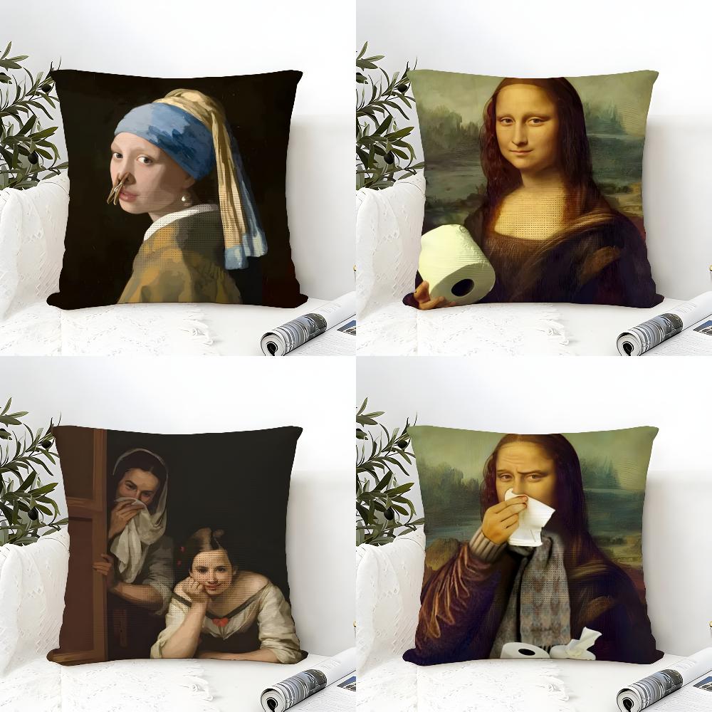 Mona Lisa Wearing Pearls Girl Cushion Cover Eco Linen Pillow Case DoubleSided Print Breathable Durable Zipper Home Decor Gift