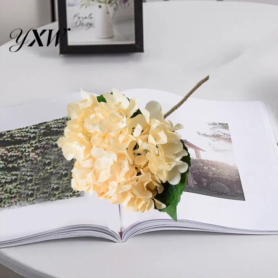 Realistic Fake Flowers Artificial Hydrangea with Green Leaves Stem Flower Wedding Faux Decor Home Office Table Centerpiece Floral Branch Arrangement