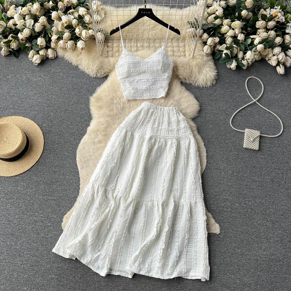 Korean Style Sweet Lace Skirt Two Piece Set Women Summer V-neck Tank Top A-line Long Skirts Beach Outfits