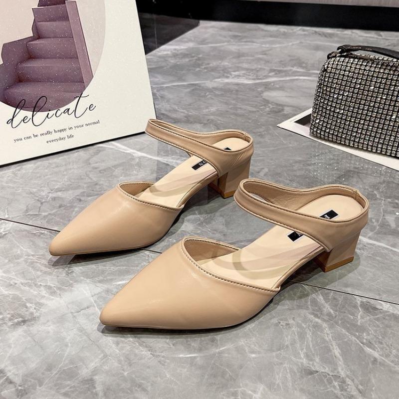 Wearing Cool Slippers Outside, Women's Summer New Baotou Half Slippers, Medium Heel Pointed Thick Heel Sandals