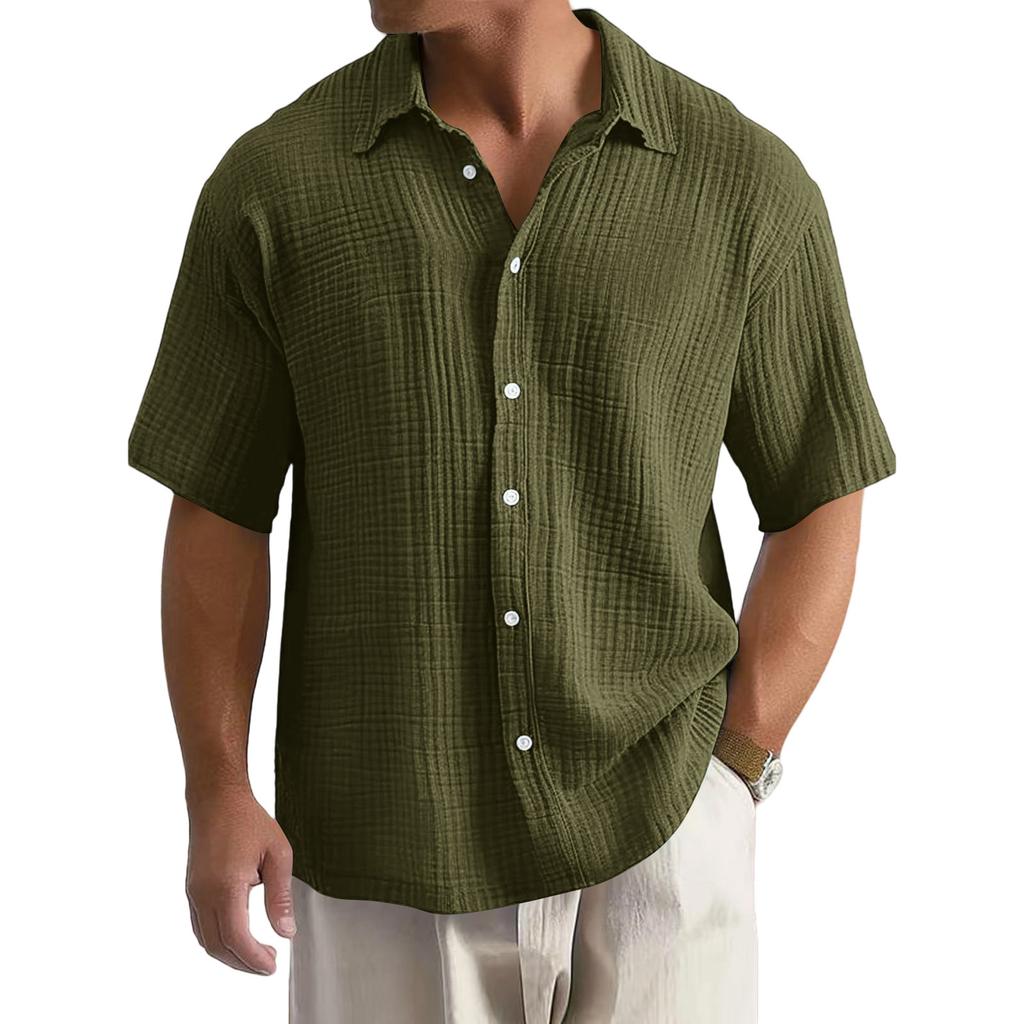 Men’s Loose Fit Casual Cotton Crinkle Texture Shirt Short Sleeve Button Down Collared Top for Everyday Wear