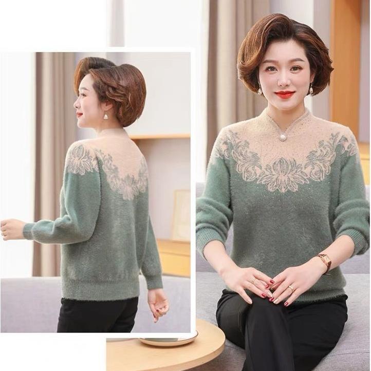 Autumn and Winter Women's Mink Fleece Sweaters Thick and Warm Plush Pullover Knitted Sweaters Stretch Print Flocked Knit Tops