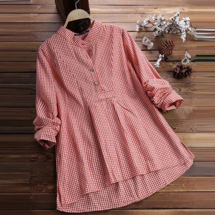 Plus Size Women Casual Loose Swing Blouse Plaid Tunic Tops Long Sleeve Button Up Lapel Pleated Flowy T Shirts