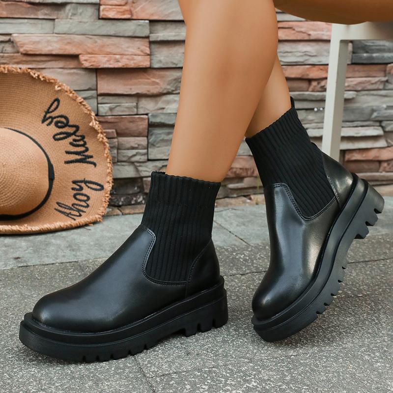 Fashion Women's Slip-On Chunky Platform Boots Knitted Patchwork Pu Leather Thick Sole Boots Woman Comfy Non Slip Chelsea Botas Mujer