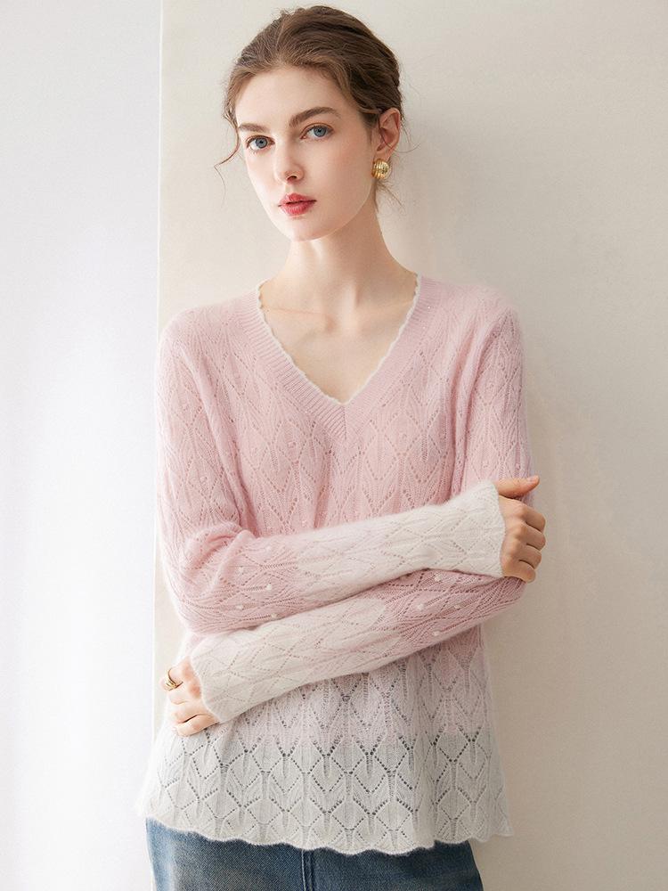 Kang Sai Ni 2026 Lurex Sequin Cashmere Lace Sweater - Autumn/Winter 7-Gauge Hollow Out Color Block Knitwear