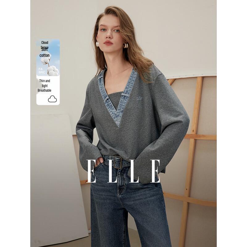 

ELLE Women s V-Neck Patchwork Denim Sweatshirt S