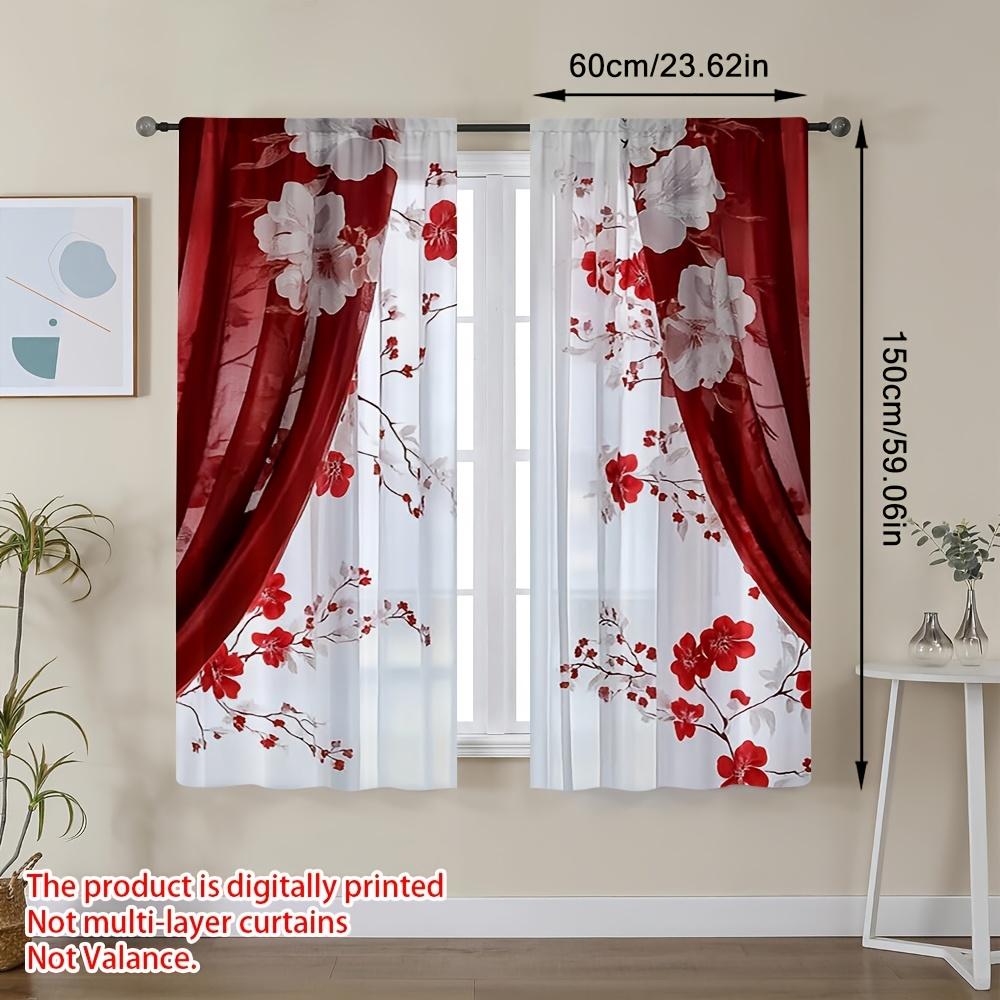 Set aus 2 eleganten roten festlichen Vorhängen mit luxuriösem Blumendruck für Esszimmer, Schlafzimmer, Wohnzimmer mit Stangentasche aus Polyester, ideal für