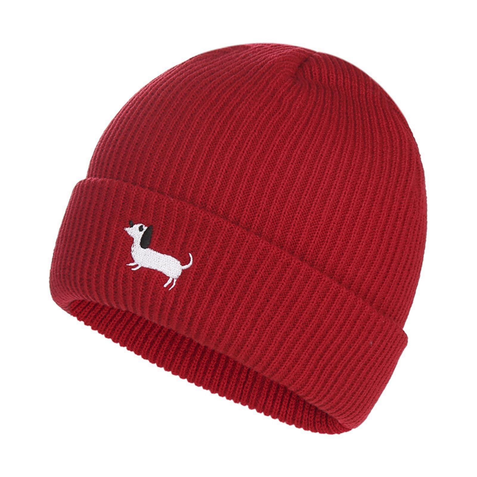 

Модная осенне-зимняя теплая вязаная шапка, защищающая уши, с простой вышивкой щенка, шерстяная шапка-пуловер One Size красный