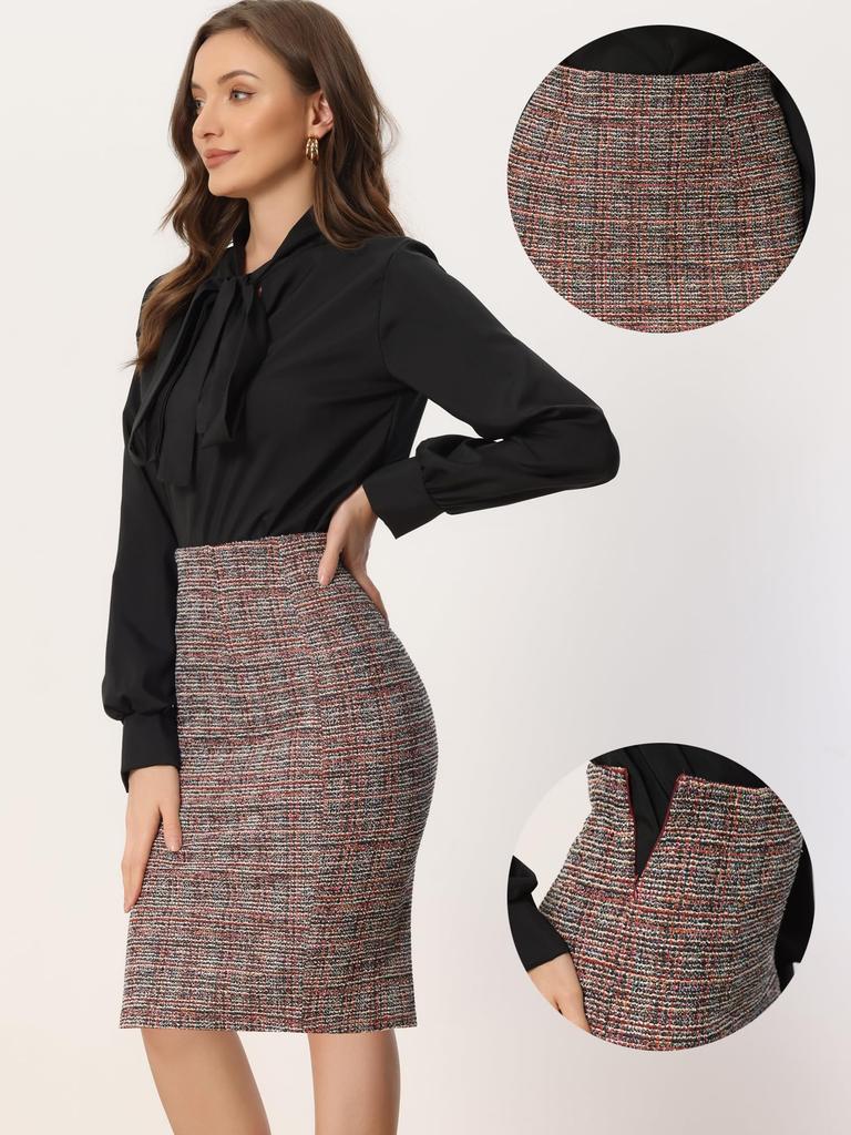 Allegra K Tweedrock, Karomuster, Hochtailliert, Büro-Stil, Bleistift-Stil, Knielang, Figurbetont, Damen, Bordeaux, Größe XL
