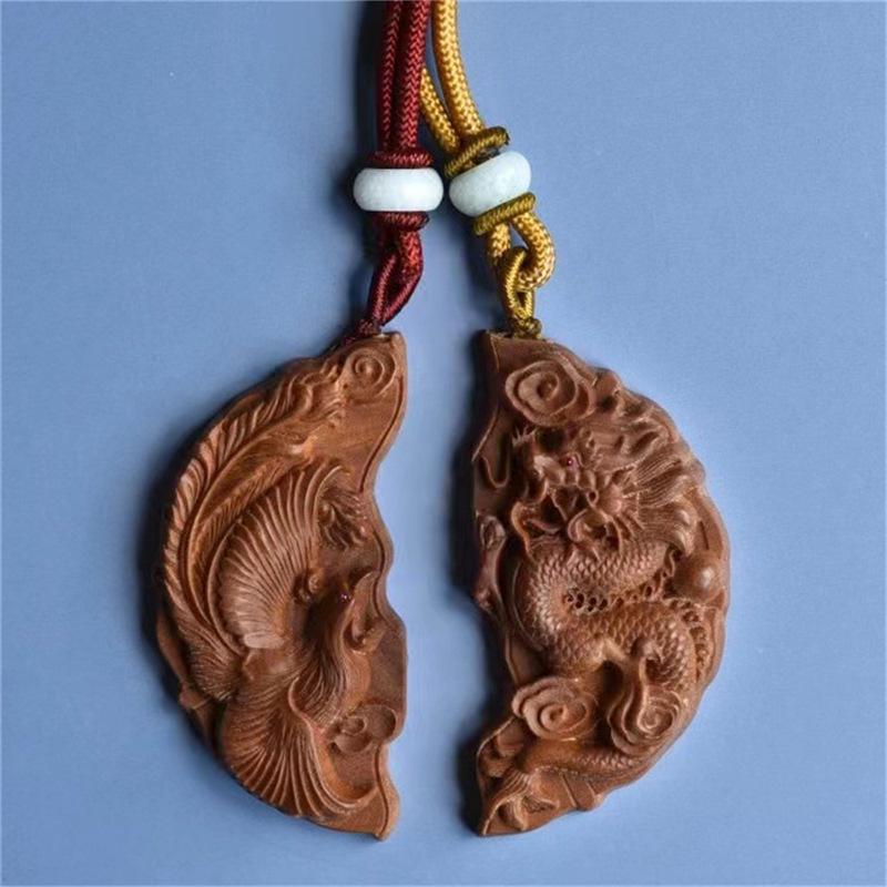 

Exquisite Indian Sandalwood Dragon & Phoenix Pendant Necklace Pure Natural
