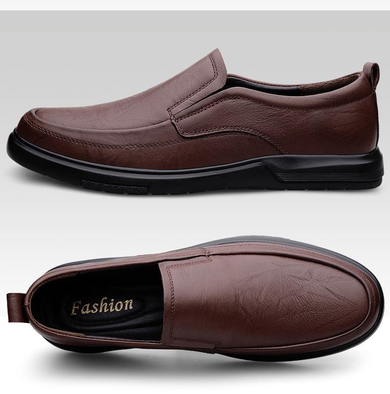 Men's Autumn Casual Slip-On Loafers: First Layer Cowhide Leather, Thick Sole, Breathable for Middle-Aged.