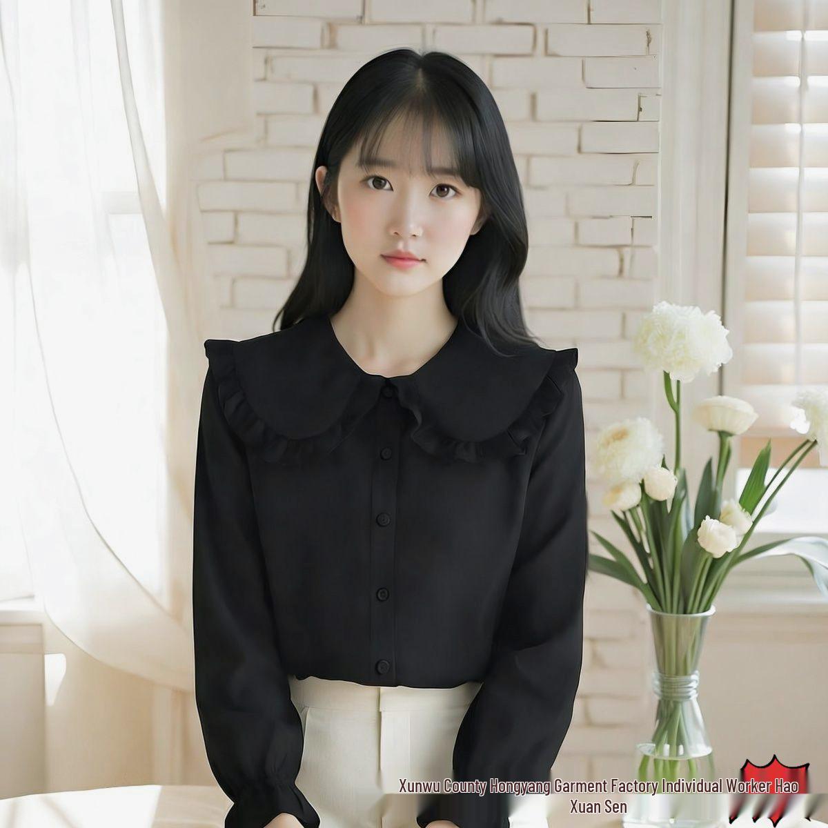 

Wine Red Loose Fit Doll Collar Shirt - Korean Style Long Sleeve for Women, Cute and Sweet Spring Top. 2XL (125-135 jin)