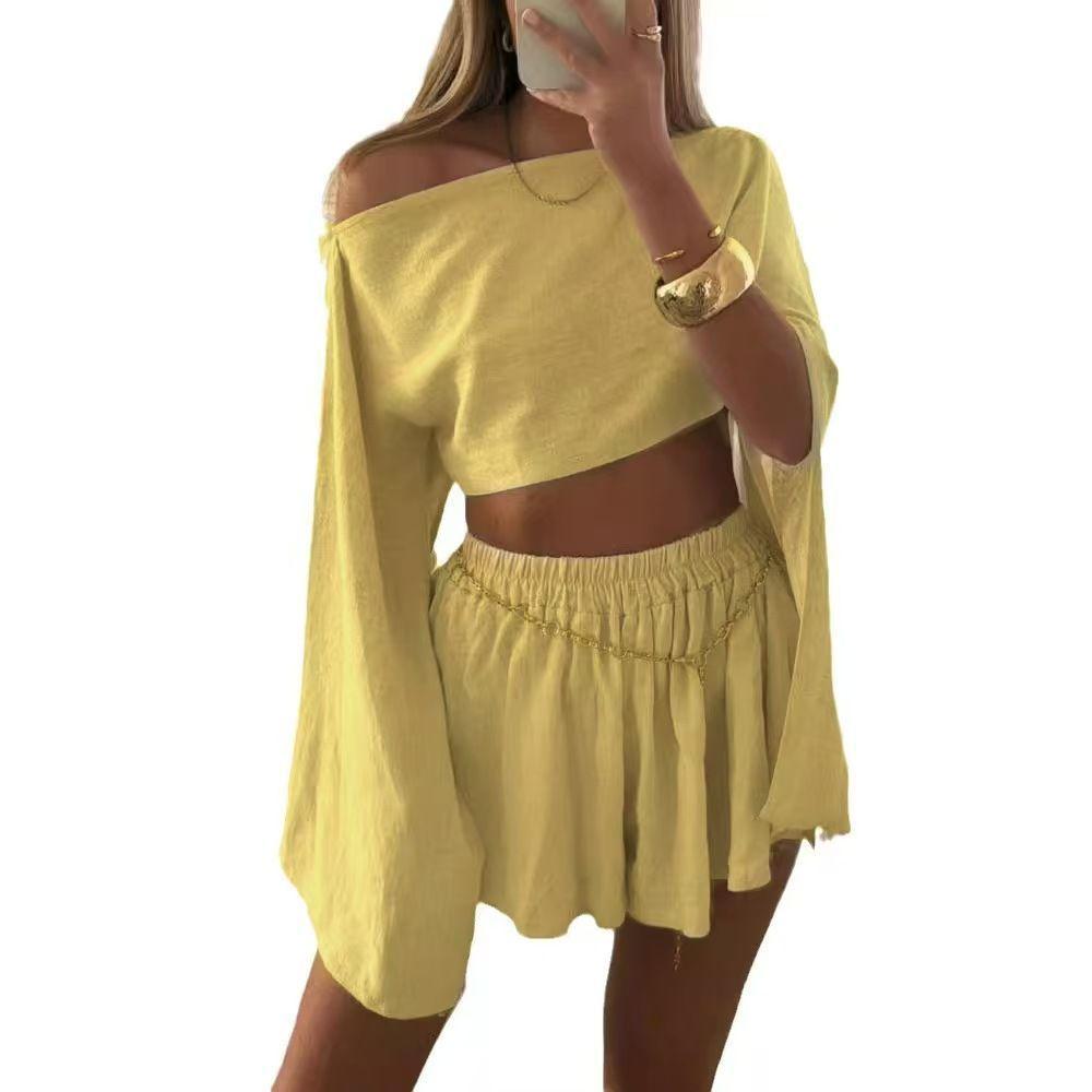 Lässiges Baumwoll-Leinen Langarm-Oberteil und Shorts Set für Damen