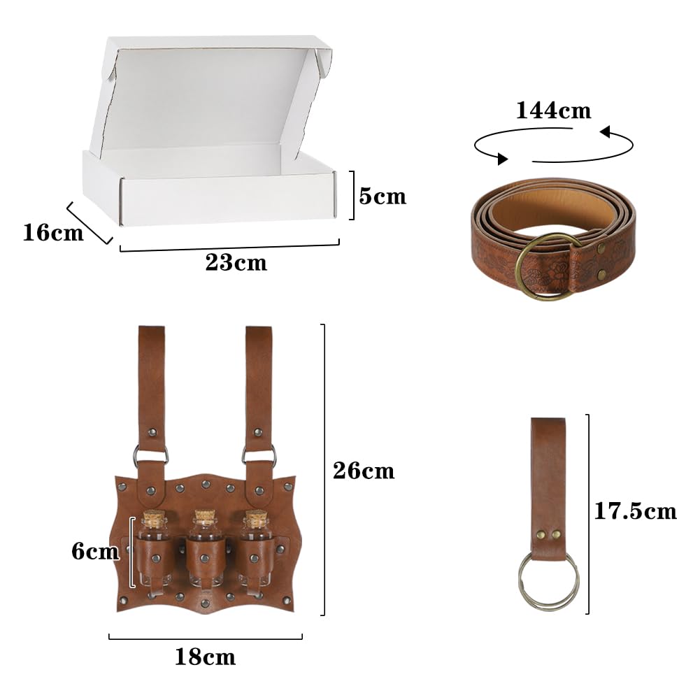 Medieval Alchemist Cosplay Belt PU Leather Waist Pouch with 3 Cork Renaissance Style Decorative Belt for and Perfect for School Cultural and Stage