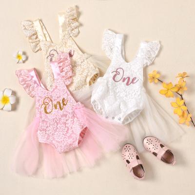 Baby Romper Dress with Mesh Stitching, One Letter Print Little Princess Summer Costume