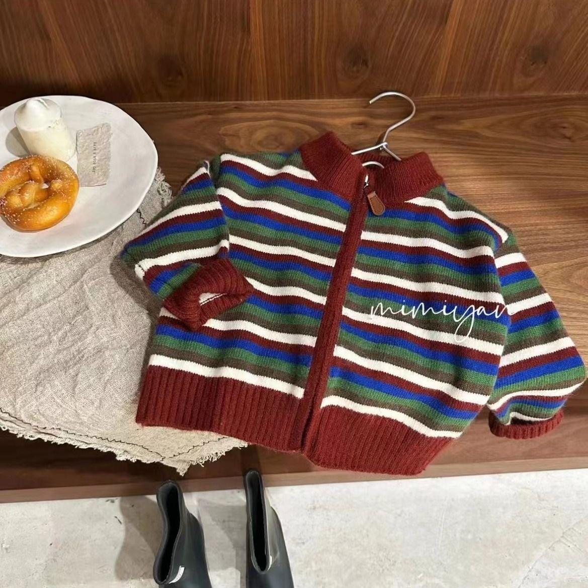 

2024 Korean Style Colorful Striped Knit Cardigan for Kids 100cm