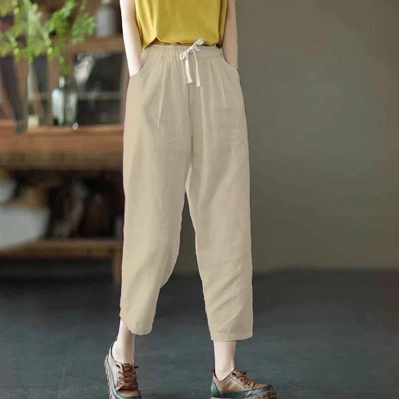 Literary Solid Color Casual Pants for Women Elastic Waist Slimming Casual Cropped Pants for Women Versatile Feet Drawstring Harem Pants for Women