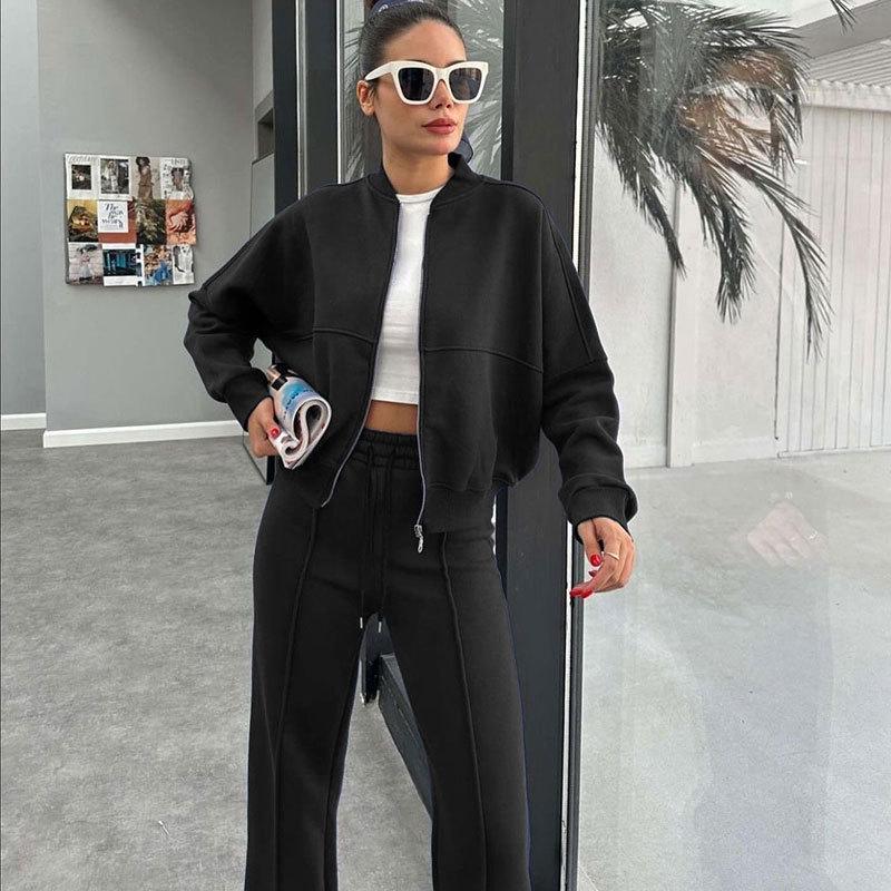 Autumn/Winter Women's Fleece-Lined Zipper Cardigan & Solid Color Straight-Leg Pants Set