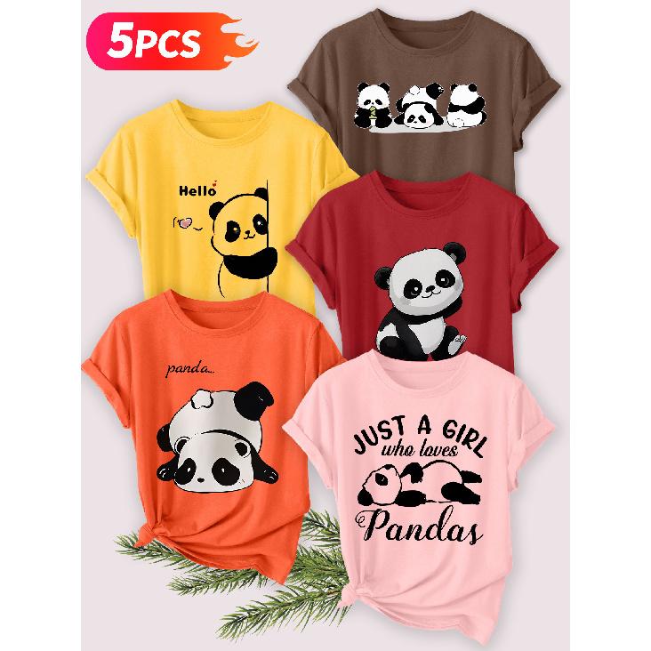 Five-piece set Elegant short-sleeved shirt for women Panda series printed round-neck women's short-sleeve shirt is suitable for spring and summer