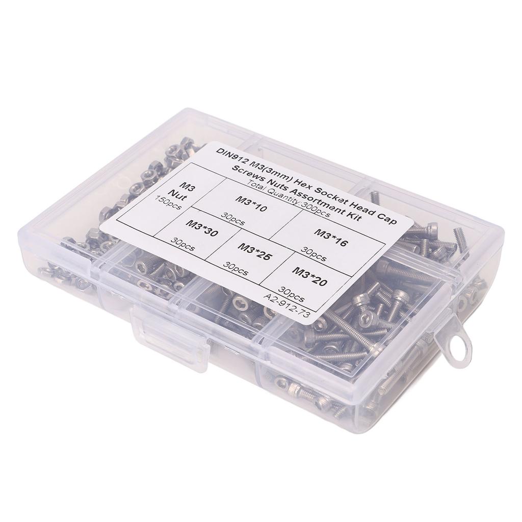 M3 Hex Socket Head Screws 304 Stainless Steel Hex Cap Bolts Nuts Assortment Kit with Storage Box