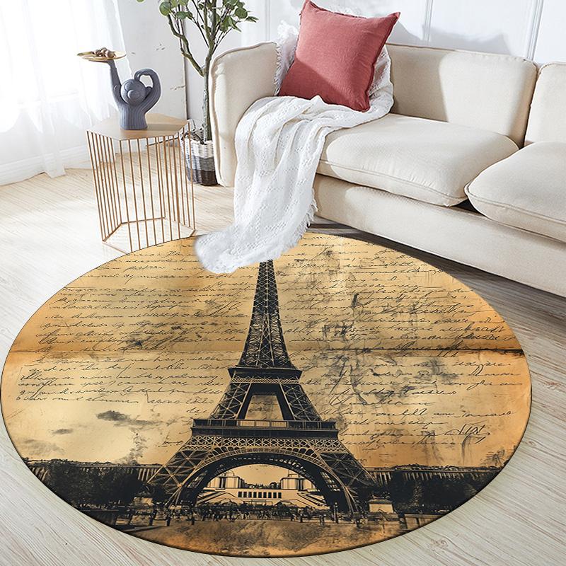 Vintage Eiffel Tower,Round Area Rug,Carpet Rug for Living Room Bedroom Sofa Playroom Decor,Non-slip Floor Mat