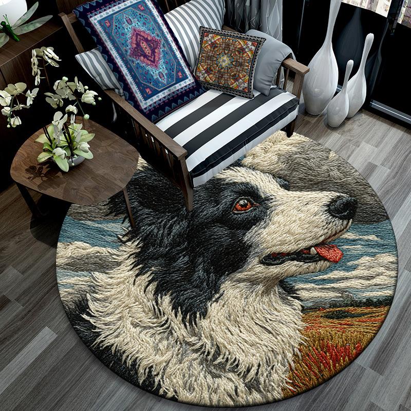 Border Collie Runder Teppich, Teppich für Wohnzimmer Schlafzimmer Sofa Spielzimmer Dekoration, Rutschfeste Bodenmatte