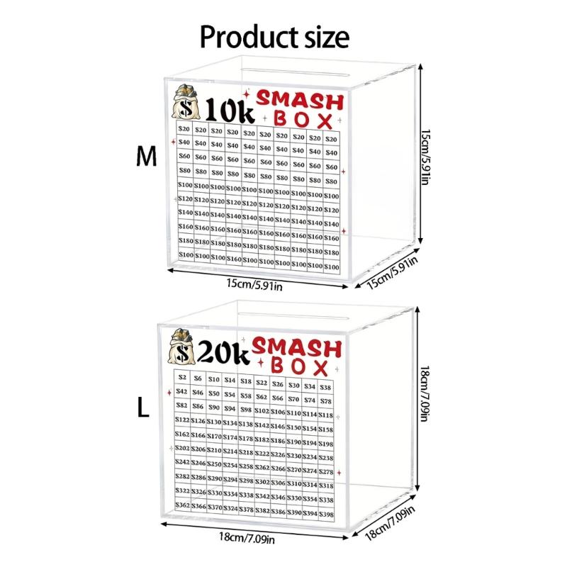 10K/20K Smash Box Money Saving Challenge,Clear Acrylic Piggy Banks Break To Open Cash Vaults,Cash and Coin Collection Box