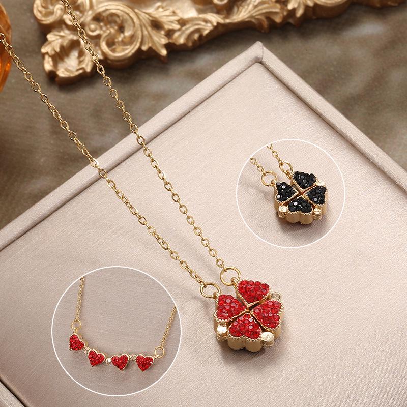 Magnetic Four-Leaf Clover Rhinestone Pendant Necklace In Titanium Steel - Versatile Fashion Clavicle Chain for Women