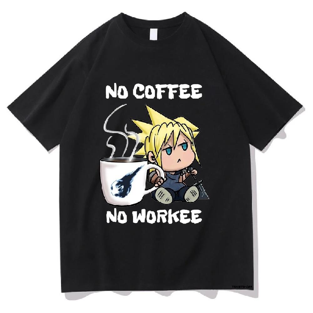 Chibi Cloud No Coffee No Workee Final Fantasy 7 T Shirts Men Women Clothing Harajuku Aesthetic Cotton Tshirt Unisex Streetwear XXXXXL чёрный