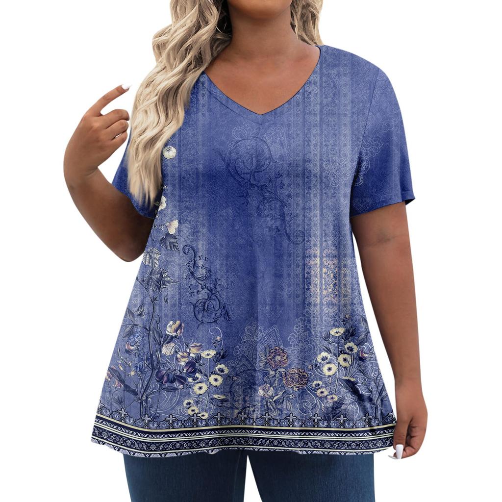 Womens Plus Size Tops Shorts Sleeve Shirts V Neck Casual Clothing Clothes Printed Tops