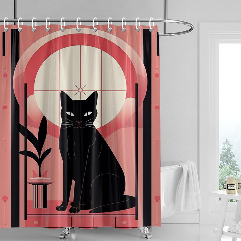 Cartoon cat waterproof shower curtain home decoration bathroom partition shower curtain 180x 200cm with 12 hooks