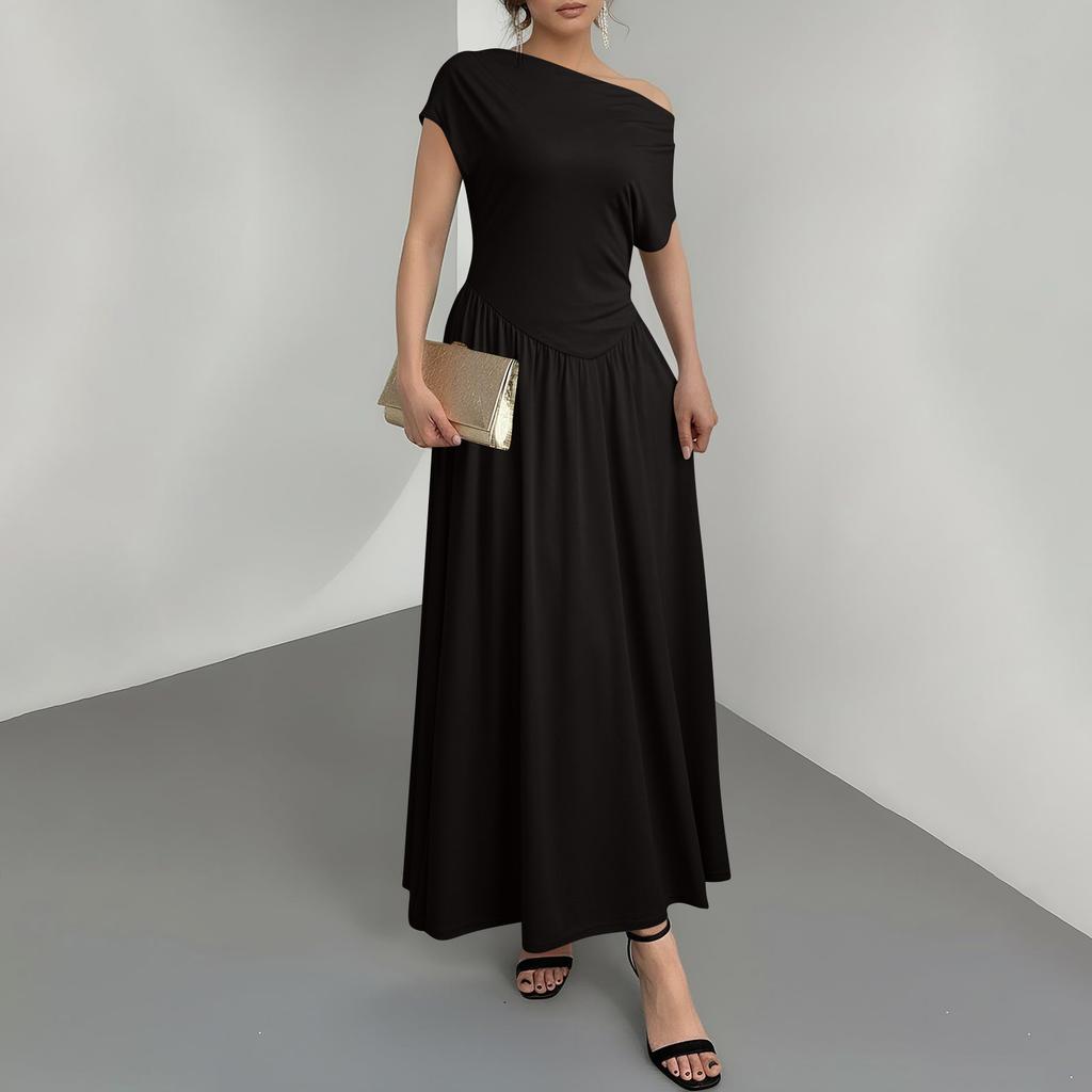 Women's Fashionable Color Short Sleeved Long Casual Temperament Long Dress
