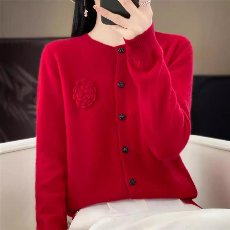 Женский свитер Осень/Зима Круглый вырез Вязаный кардиган Женское пальто XL красный