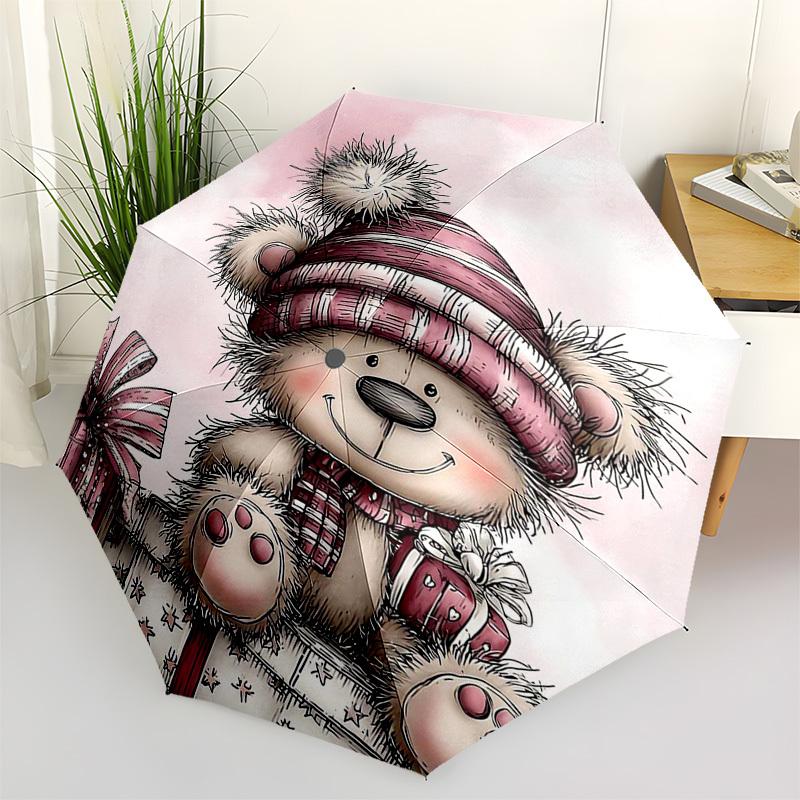 1pc Christmas Gift Winter Teddy Bear with Presents, Festive Decoration for Fans, Travelers, Daily Use, Auto Open Close Umbrella with 3-Fold Design and