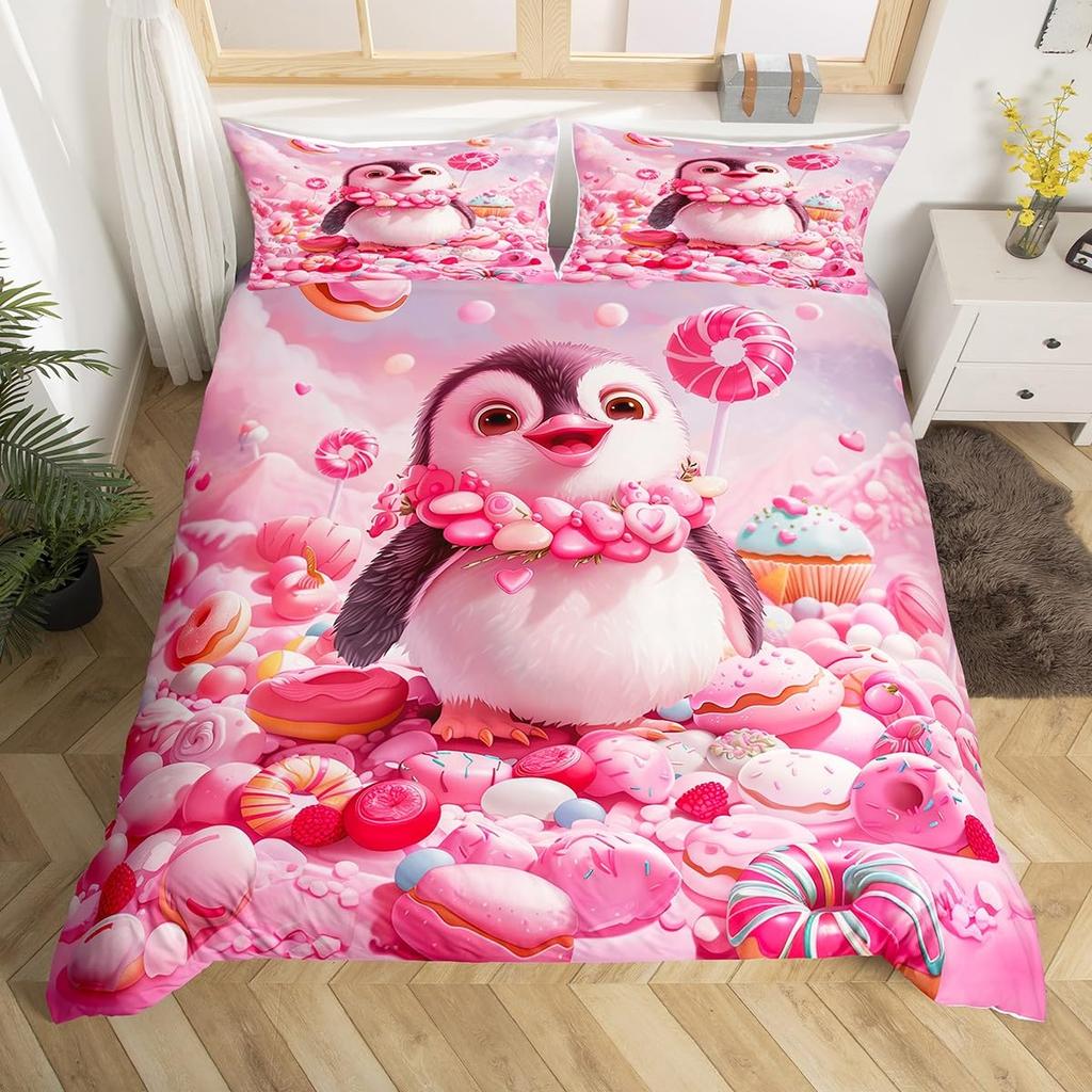 Cute Penguin And Love Heart Duvet Cover Set For Kids Teens Lightweight Quilt Cover With 2 Pillowcase Cartoon Penguin Bedding Set