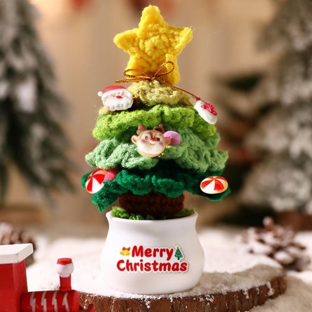 Mini Hand Woven Christmas Tree Crochet Tree Figurines Christmas Tree Decor Finished Tabletop Ornament Christmas Tree Potted