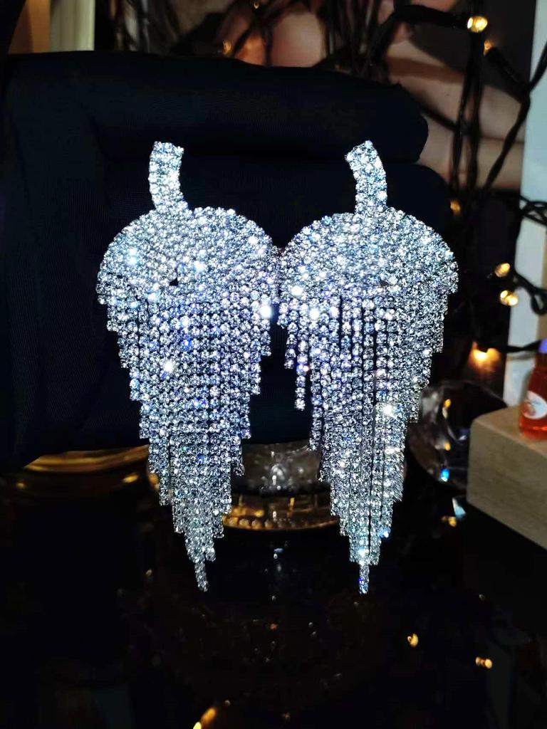 Luxury Rhinestone Tassel Clip-On Earrings for Women - Bridal Accessories