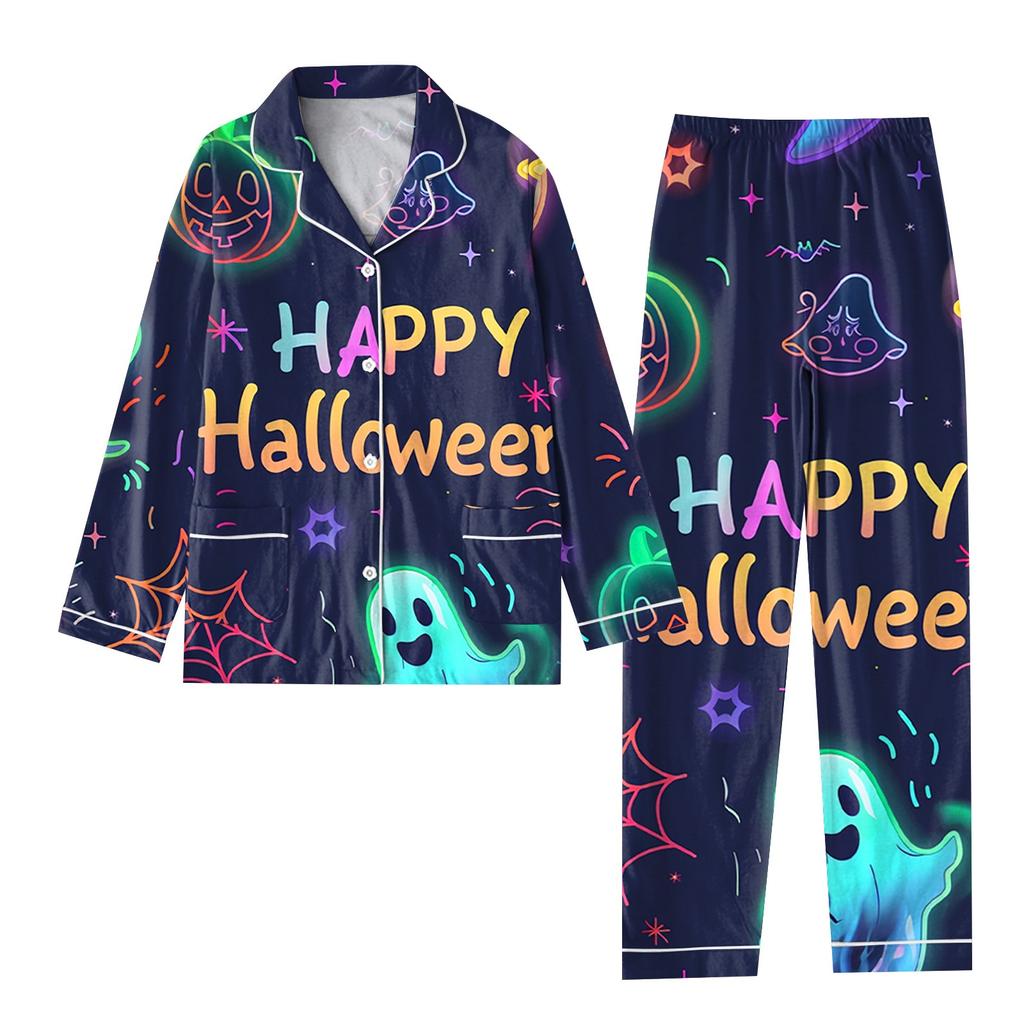 2-teiliger bedruckter Damen-Anzug, langärmelig, Oberteil mit Knopfleiste, weite Hosen, Anzug-Set, Schlafanzug, Home-Casual-Anzug