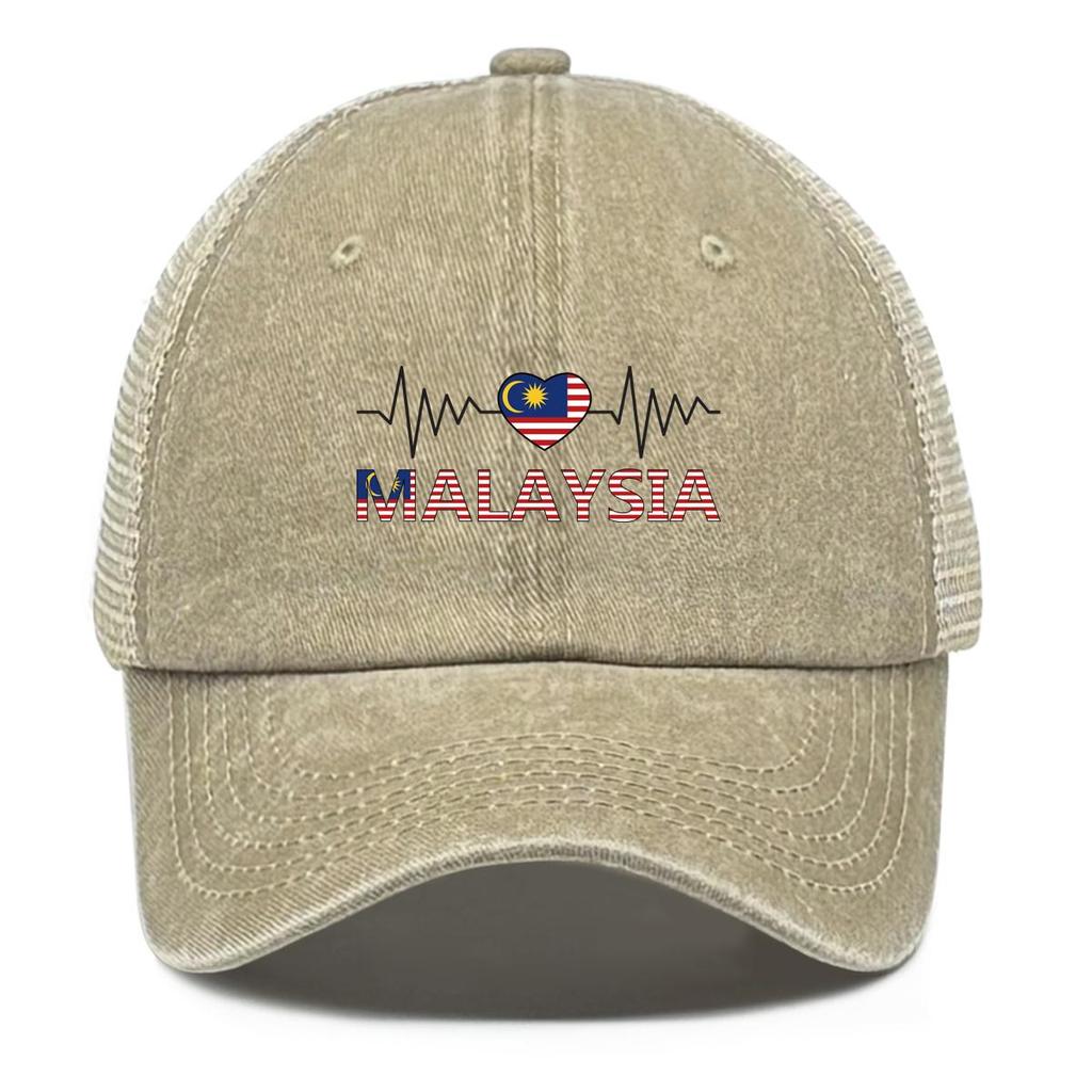 Heart Wave Malaysia Flag Print Snapback Baseball Hat, Patriotic Flat Cap Raw Brim Lightweight Distressed Adjustable Strap Snapback Baseball Cap