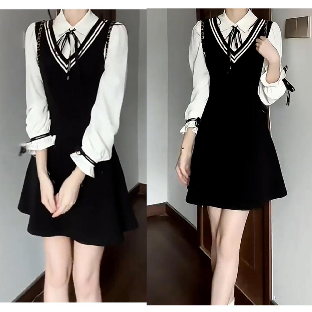 LAVASEON Dress with Mini Elastic and Ruffled Mori Princess Perfect for School School-Style Ribbon, Length, Mass-Produced, Short/Long Sleeves, Waist,