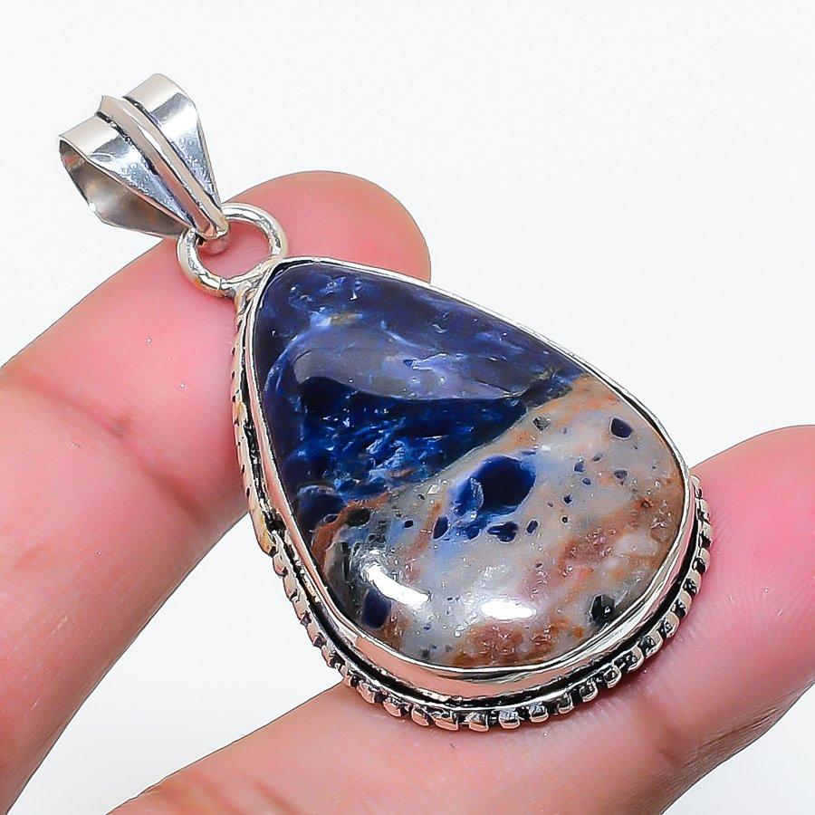 Natural Sodalite Gemstone Handmade 925 Sterling Silver Pendant 1.85" AP-14821