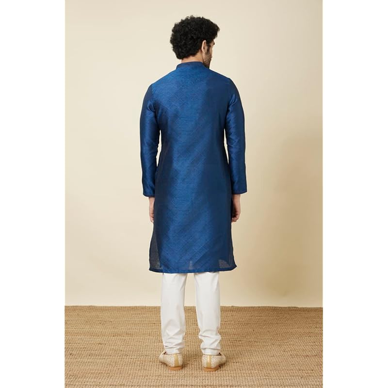 Manyavar Men's Art Silk Self Design Full Sleeves Knee Length Kurta Set (Blue, L)