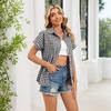 Camicia a maniche corte a quadri con taschino e colletto da donna alla moda, Camicia da donna con bottoni