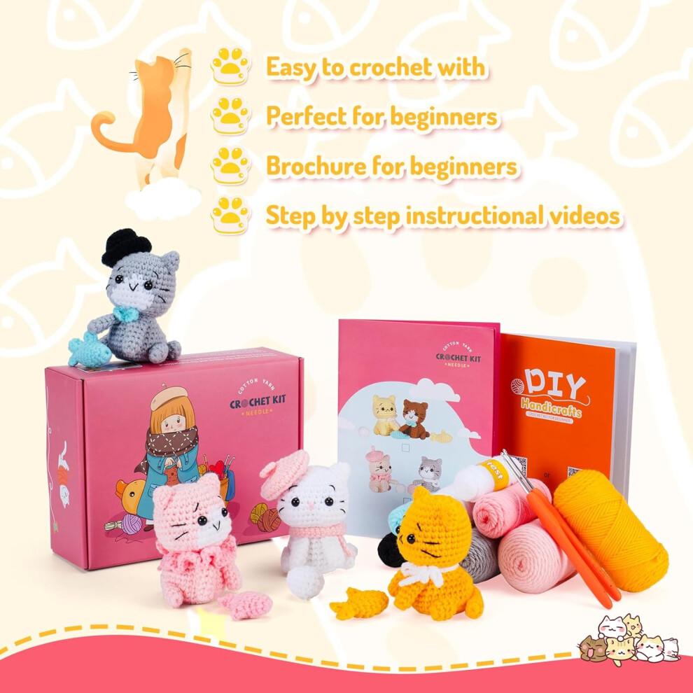 Crochet Kit for Beginners with Step-by-Step Video Tutorials, Learn to Crochet Kits for Adults and Kids, 4 PCS Cat with Hat, Toy, Fish Set