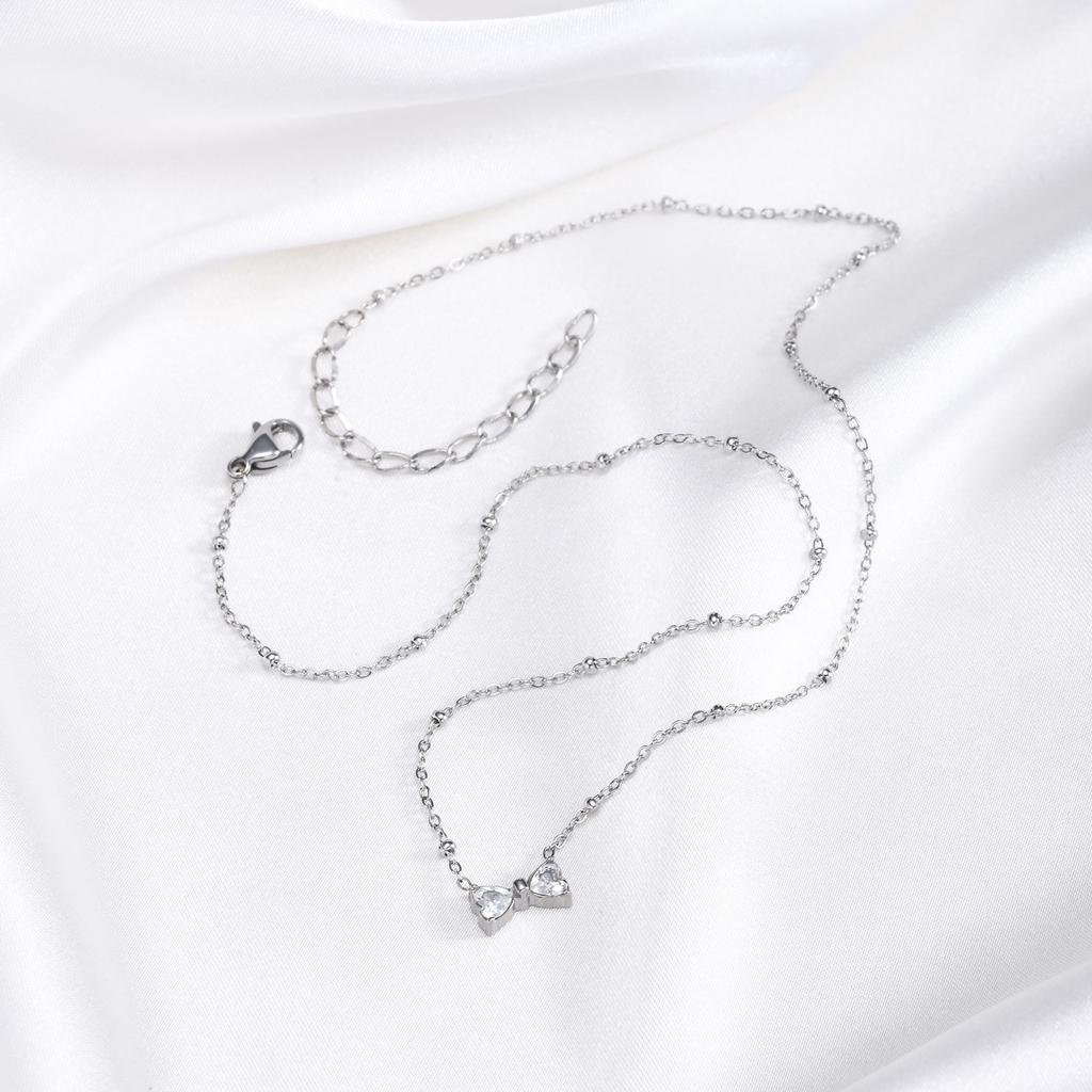 Stainless Steel Bead Chain Zircon Bow Necklace,Brilliant Cubic Zirconia Bow Pendant Necklace for Bridal Wedding Accessories