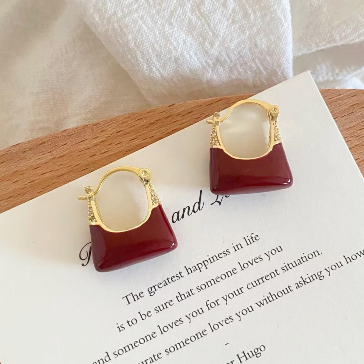 Elegant French Wine Red Oil Drop Earrings with Unique Design and Versatile Style