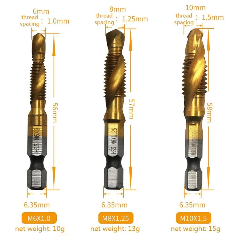 1-6PCS Tap Drill Titanium Plated Hex Shank HSS Screw Thread Metric Tap Bits Screw Machine Compound M3 M4 M5 M6 M8 M10 Hand Tools